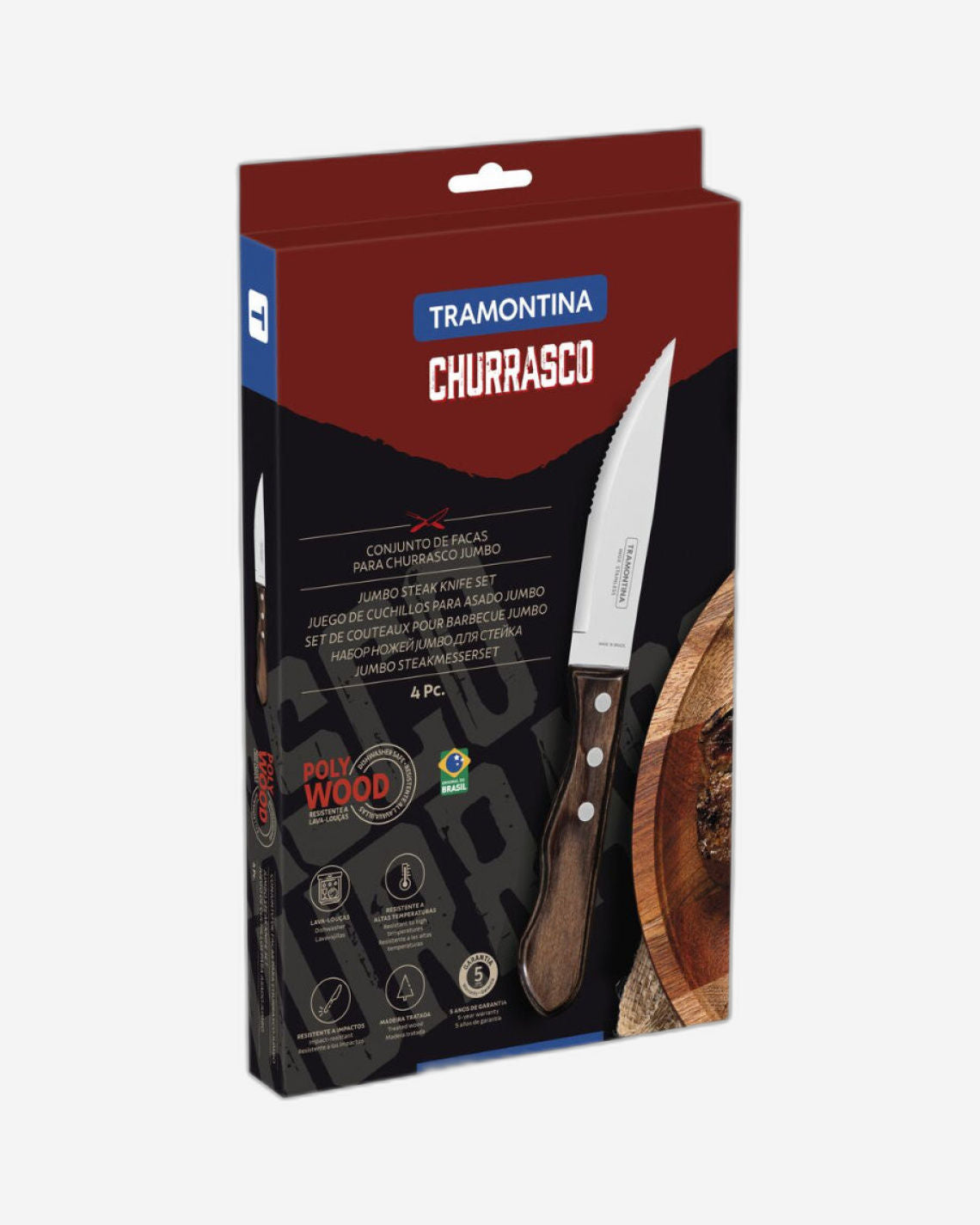 Tramontina 4-Piece Jumbo Steak Kinife Set Stainless-Steel and Treated Brown Polywood handles