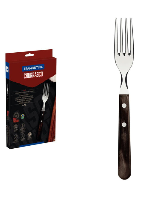 Tramontina 4-Piece Jumbo Steak Fork Set Stainless-Steel with Treated Brown Polywood Handles