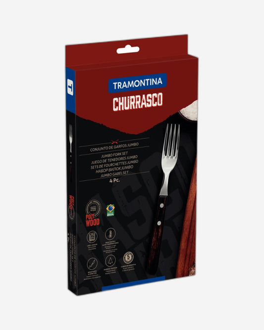Tramontina 4-Piece Jumbo Steak Fork Set Stainless-Steel with Treated Brown Polywood Handles