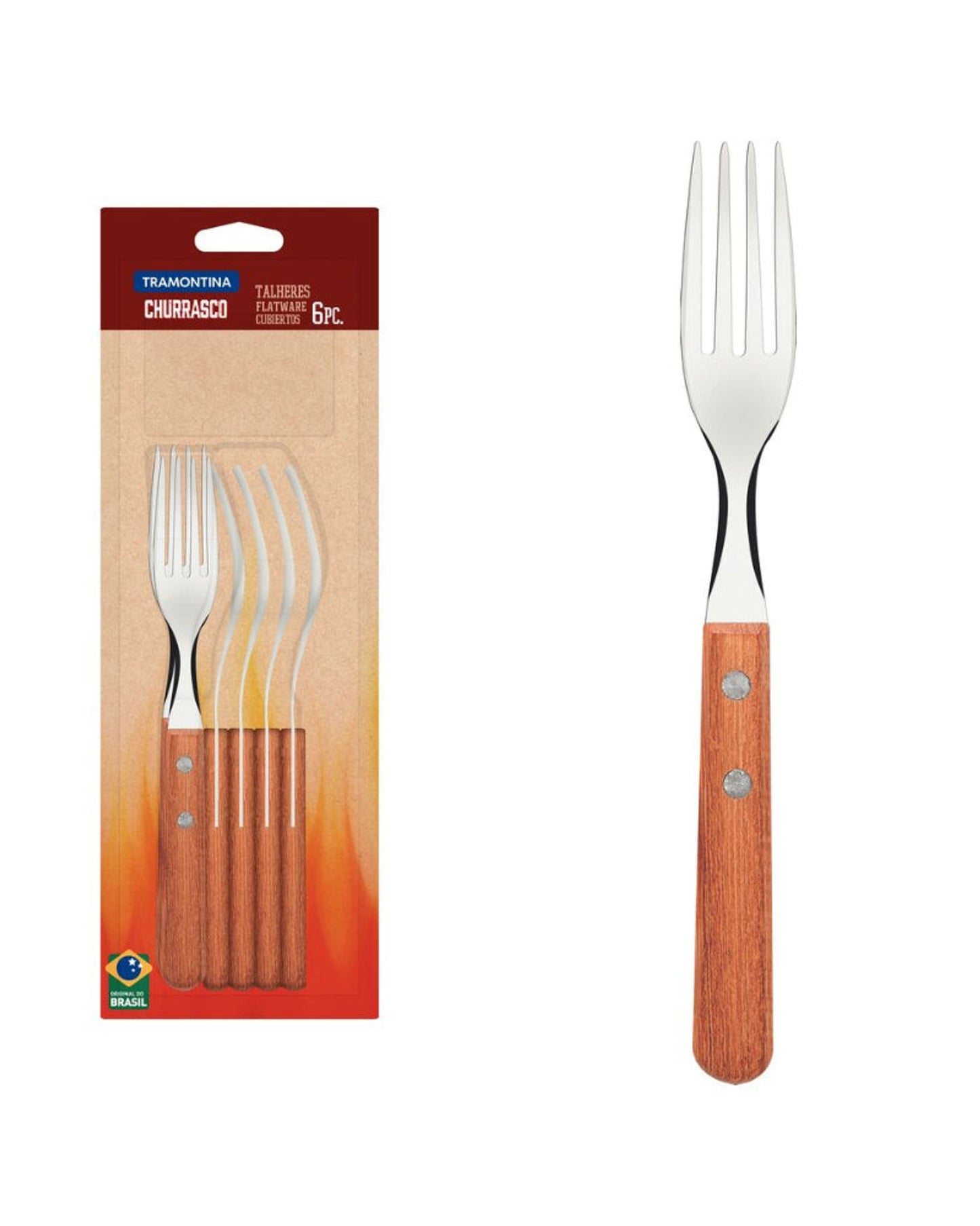 Tramontina Dynamic 6-Piece Set of Table Forks with Stainless-Steel Tines and Natural Wood Handles