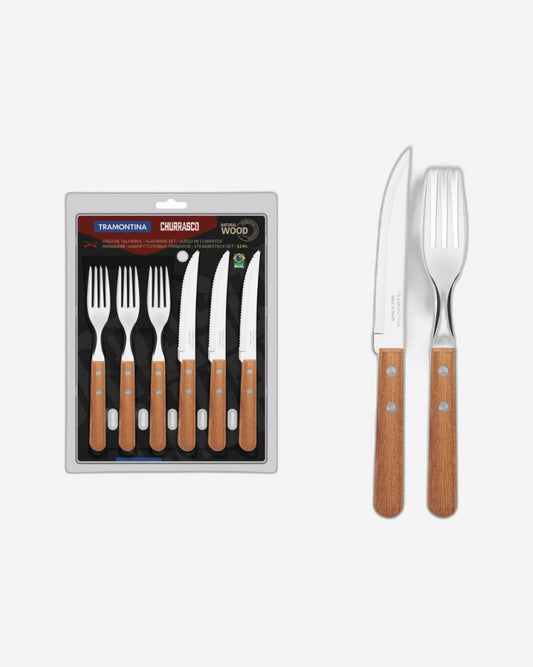 Tramontina Churrasco 12-Piece Flatware Set with Stainless-Steel Blades and Natural Wood Handles