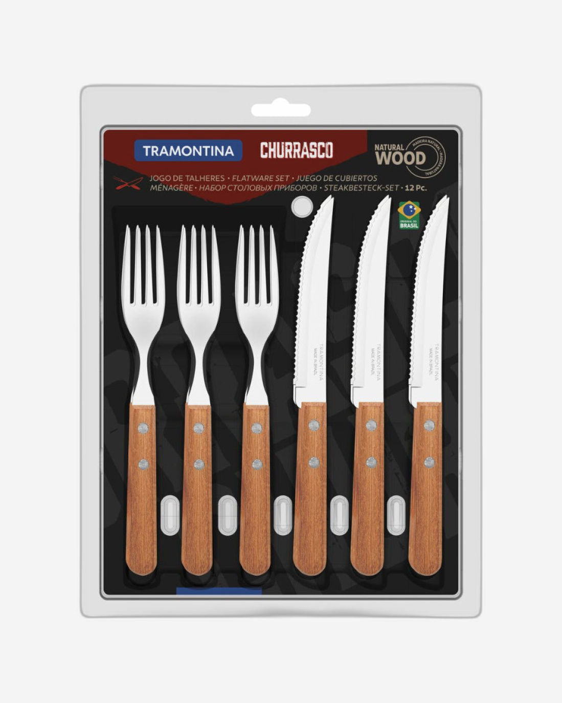 Tramontina Churrasco 12-Piece Flatware Set with Stainless-Steel Blades and Natural Wood Handles