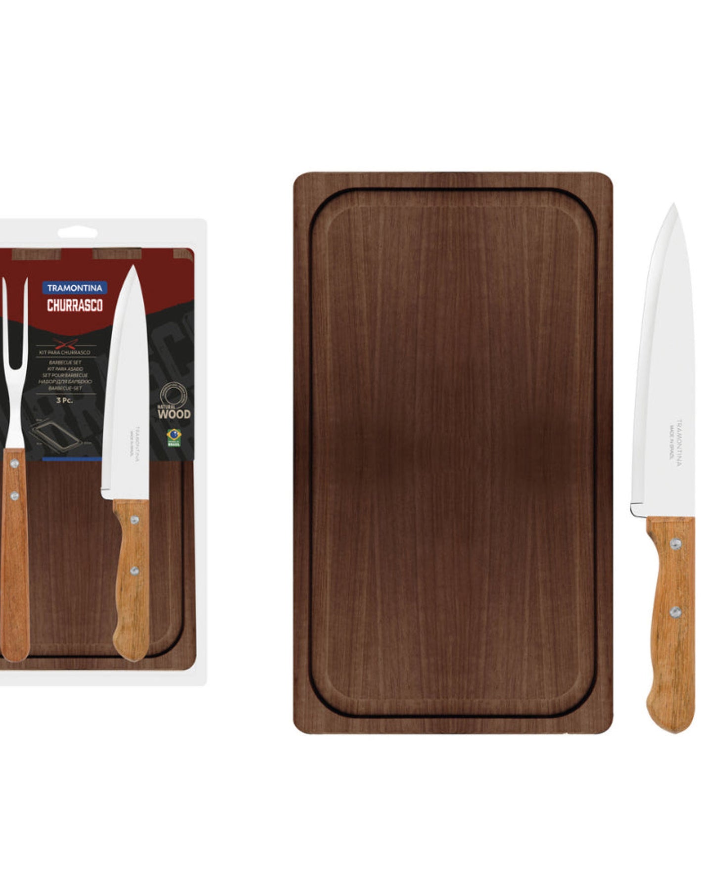 Tramontina 3-Piece Barbecue Kit with Stainless-Steel Blades and Natural Wood Handles