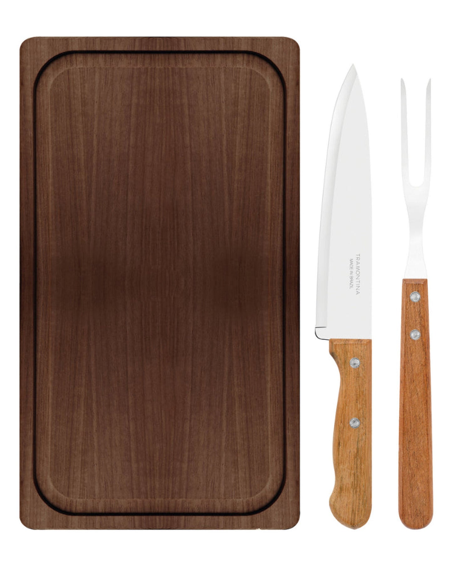 Tramontina 3-Piece Barbecue Kit with Stainless-Steel Blades and Natural Wood Handles