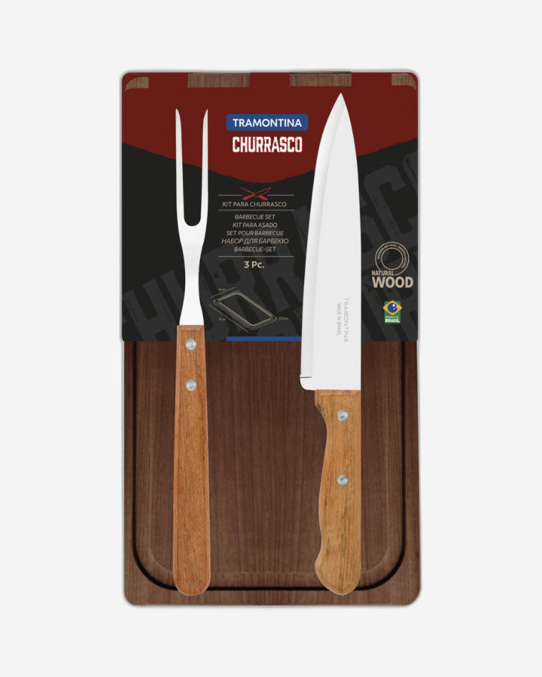 Tramontina 3-Piece Barbecue Kit with Stainless-Steel Blades and Natural Wood Handles