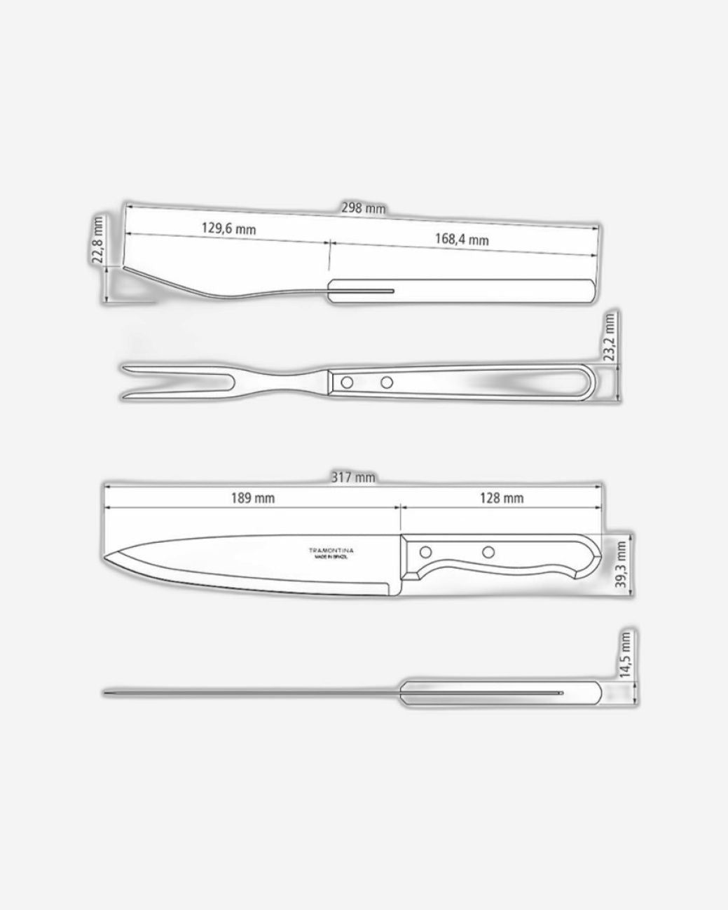 Tramontina 3-Piece Barbecue Kit with Stainless-Steel Blades and Natural Wood Handles