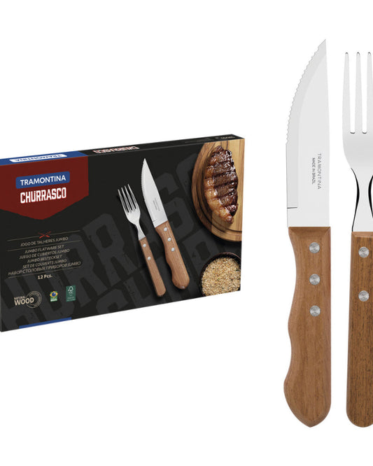 Tramontina Dynamic 12-Piece Barbecue Set with Stainless Steel Blades and Natural Wooden Handles