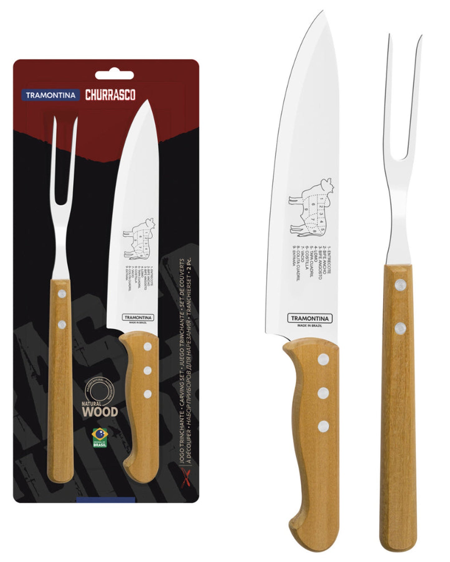 Tramontina 2-Piece Carving Set with Stainless-Steel Blades and Natural Wood Handles