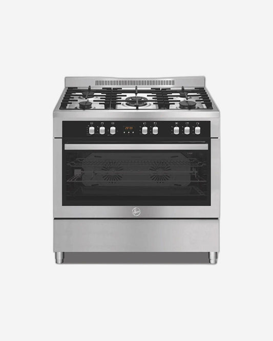 Hoover Full Gas Cooker Oven, 90x60 cm, 5 Gas Burner with 2 Convection Fans 1 Cooling Fan, Self-Cleaning, Close Door Grilling, Digital Timer, 1 Year Warranty, Made in Turkey Stainless Steel-HGC-S95G-S