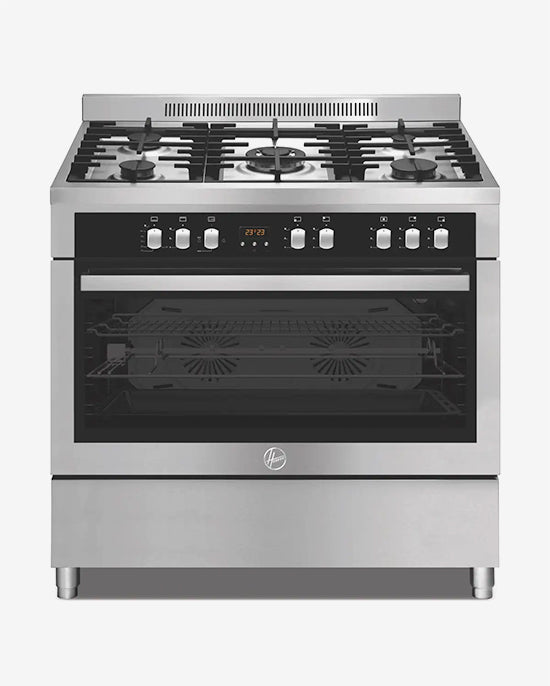Hoover Full Gas Cooker Oven, 90x60 cm, 5 Gas Burner with 2 Convection Fans 1 Cooling Fan, Self-Cleaning, Close Door Grilling, Digital Timer, 1 Year Warranty, Made in Turkey Stainless Steel-HGC-S95G-S