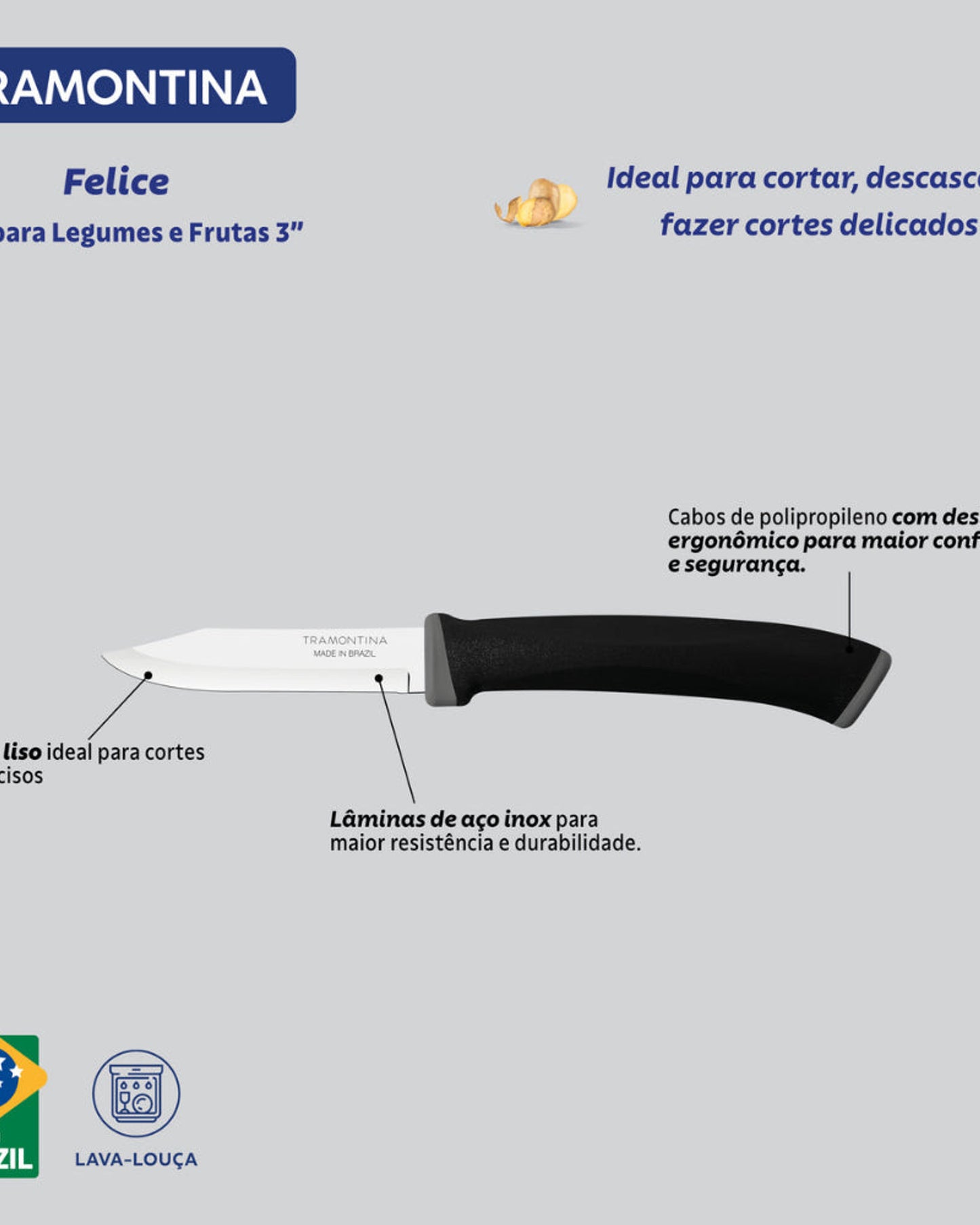 Tramontina Felice 2-Piece Vegetable and Fruit Knife Set with Stainless-Steel Blades and Black Polypropylene Handles