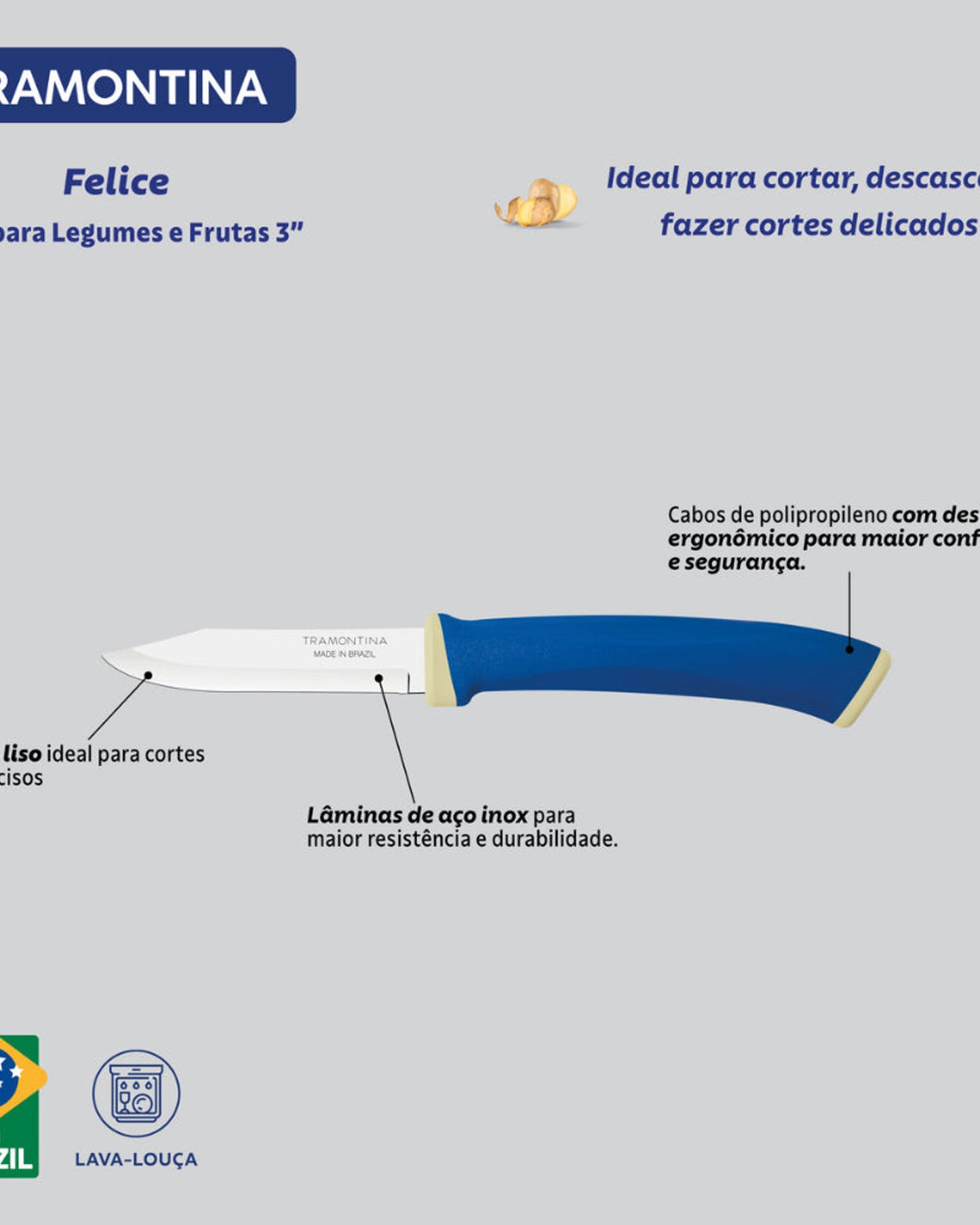 Tramontina Felice 2-Piece Vegetable and Fruit Knife Set with Stainless-Steel Blades and Blue Polypropylene Handles