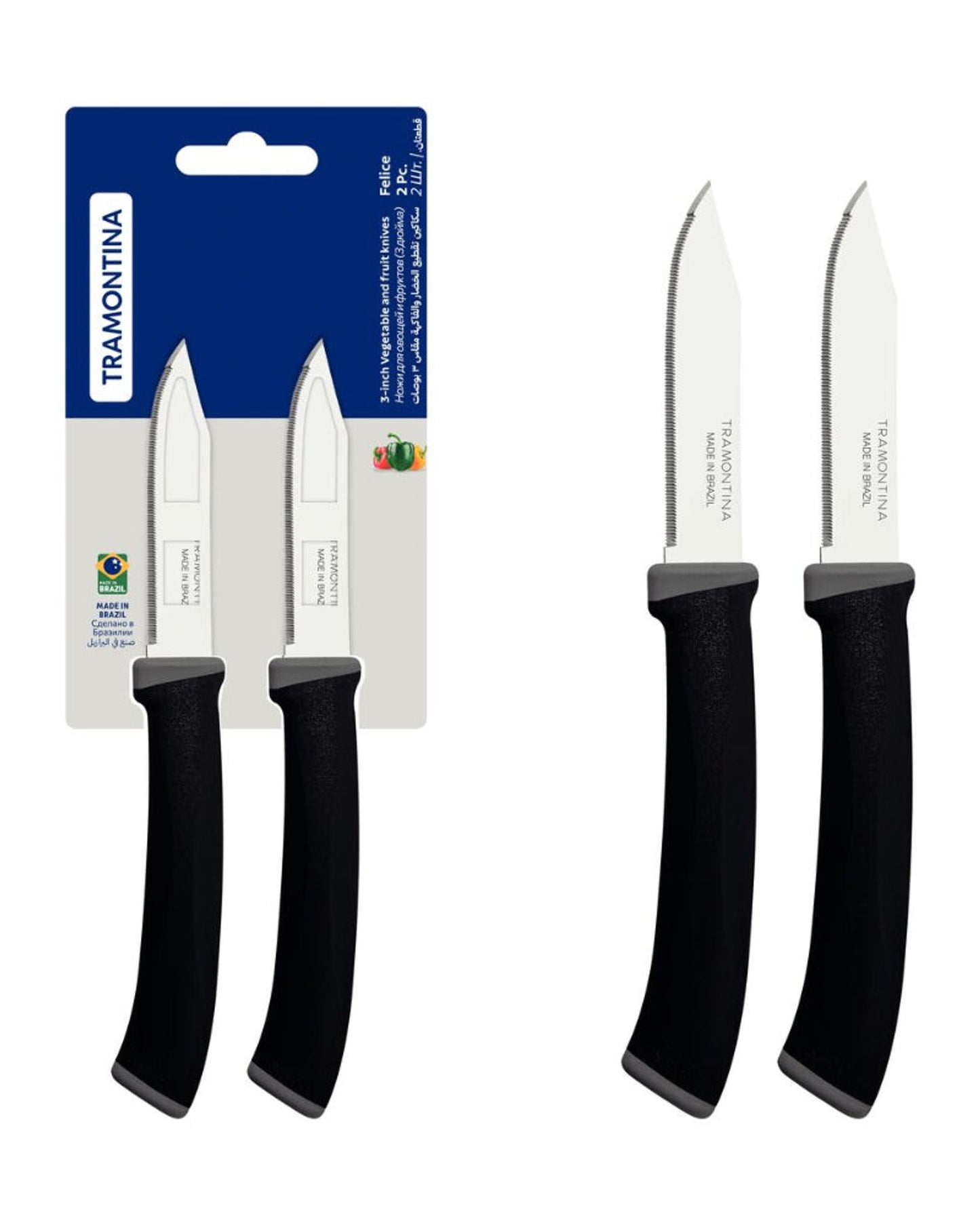 Tramontina Felice 2-Piece Vegetable and Fruit Knife Set with Stainless-Steel Blades, Micro-Serrated Edges and Black Polypropylene Handles
