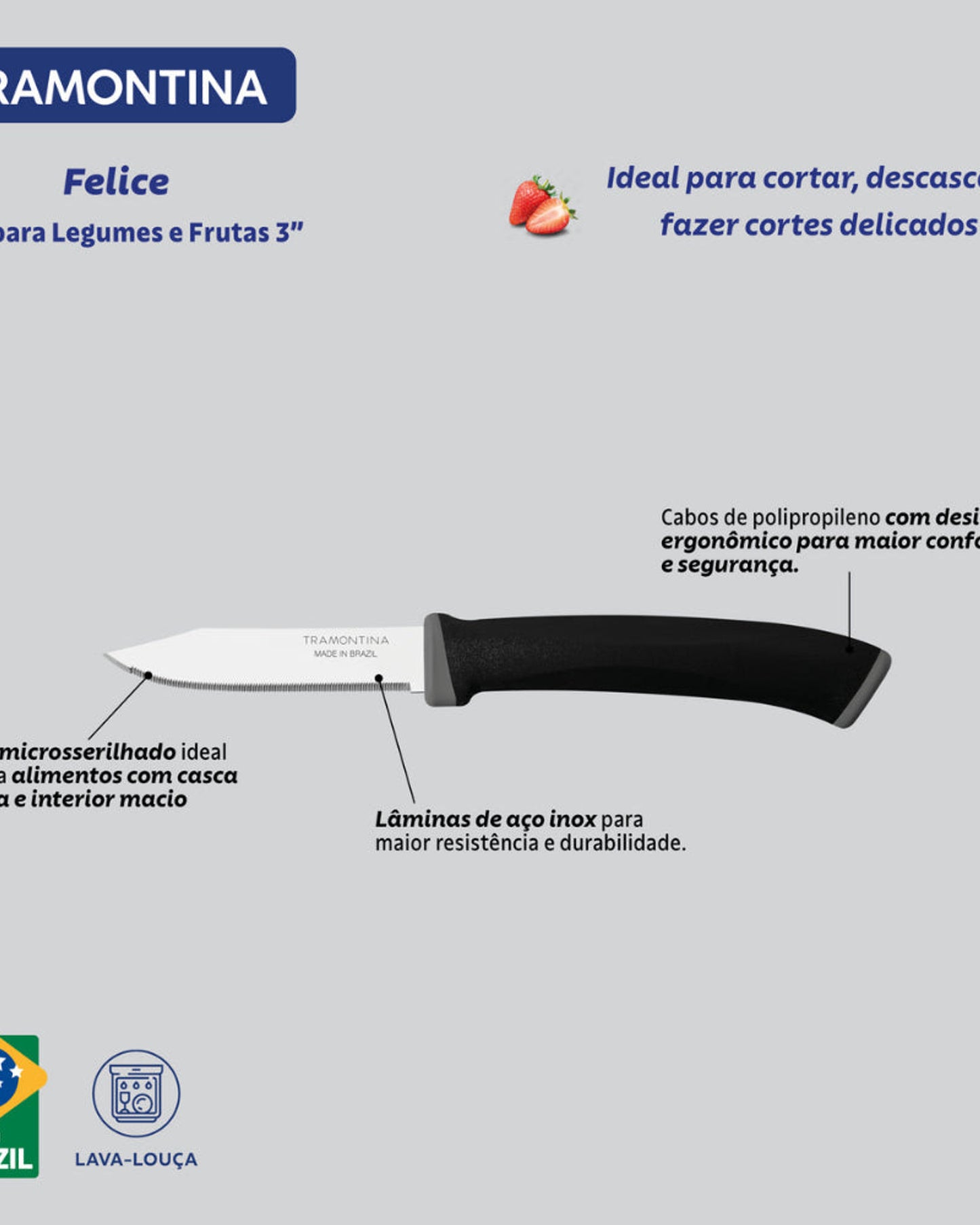 Tramontina Felice 2-Piece Vegetable and Fruit Knife Set with Stainless-Steel Blades, Micro-Serrated Edges and Black Polypropylene Handles