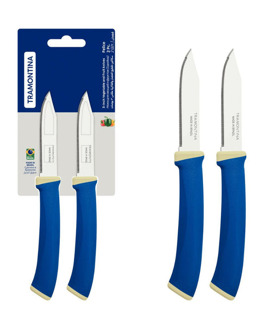 Tramontina Felice 2-Piece Set of Vegetable and Fruit Knives with Stainless-Steel Blades and Blue Polypropylene Handles