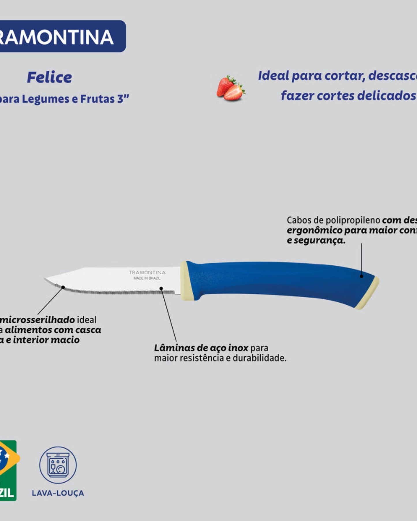 Tramontina Felice 2-Piece Set of Vegetable and Fruit Knives with Stainless-Steel Blades and Blue Polypropylene Handles