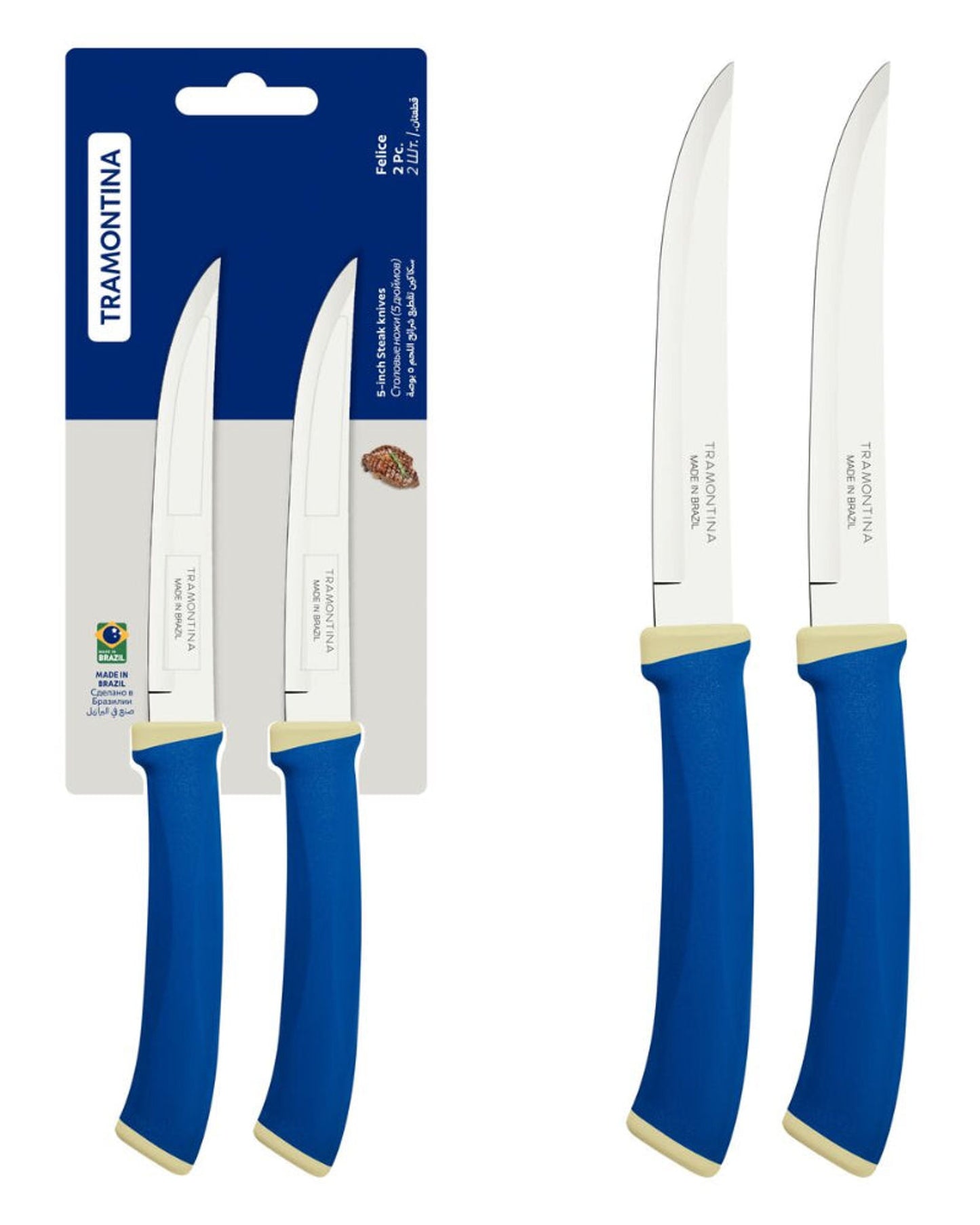 Tramontina Felice 2-Piece Steak Knife Set with Stainless-Steel Blades, Plain Edges and Blue Polypropylene Handles