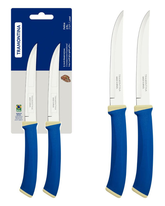 Tramontina Felice 2-Piece Steak Knife Set with Stainless-Steel Blades, Plain Edges and Blue Polypropylene Handles