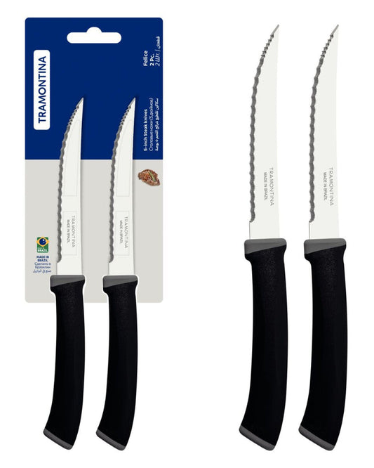 Tramontina Felice 2-Piece Steak Knife Set with Stainless-Steel Blades, Micro-Serrated Edges and Black Polypropylene Handles