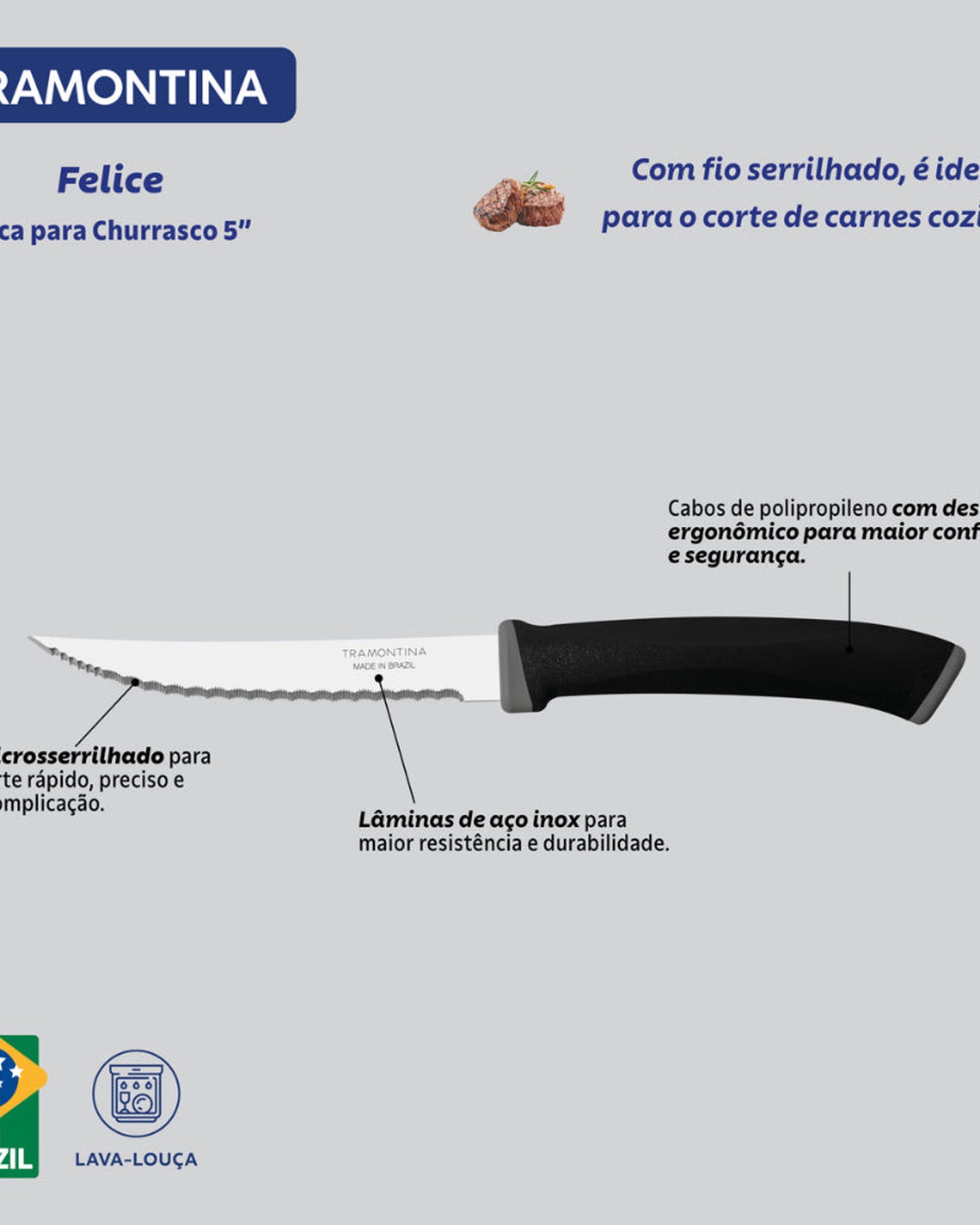 Tramontina Felice 2-Piece Steak Knife Set with Stainless-Steel Blades, Micro-Serrated Edges and Black Polypropylene Handles