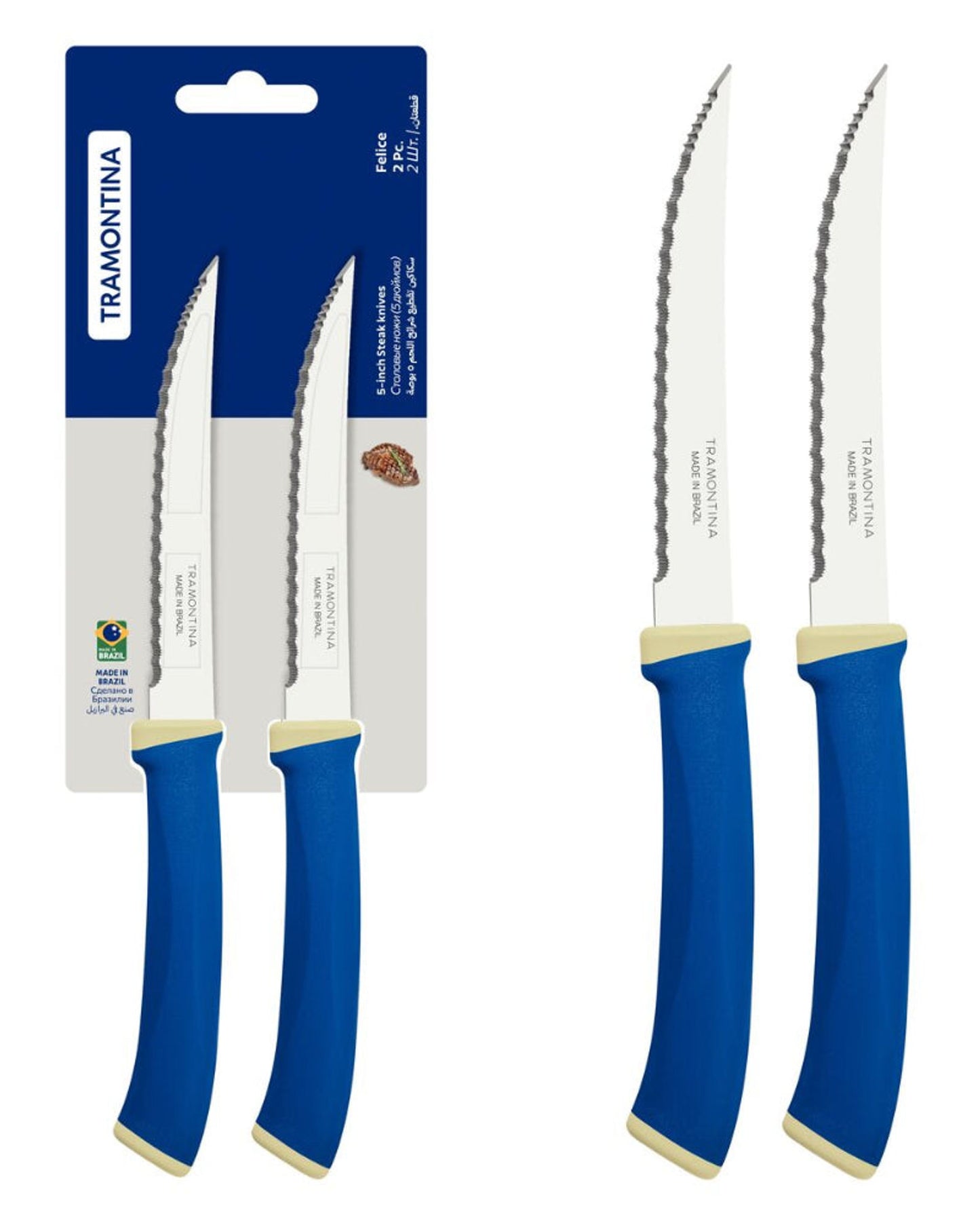 Tramontina Felice 2-Piece Steak Knife Set with Stainless-Steel Blades, Micro-Serrated Edges and Blue Polypropylene Handles