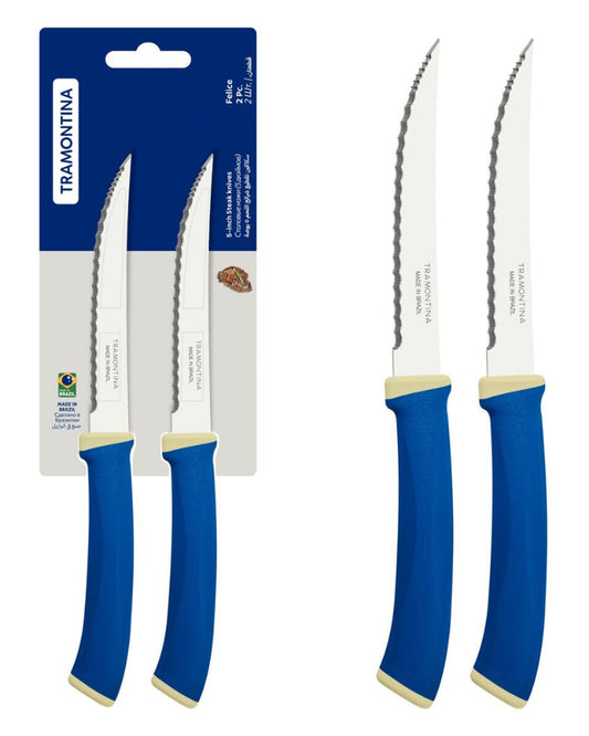 Tramontina Felice 2-Piece Steak Knife Set with Stainless-Steel Blades, Micro-Serrated Edges and Blue Polypropylene Handles