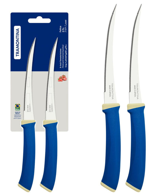 طقم سكاكين الطماطم ترامونتينا فيليس المكون من قطعتين بشفرات من الفولاذ المقاوم للصدأ ومقابض من البولي بروبيلين الأزرق