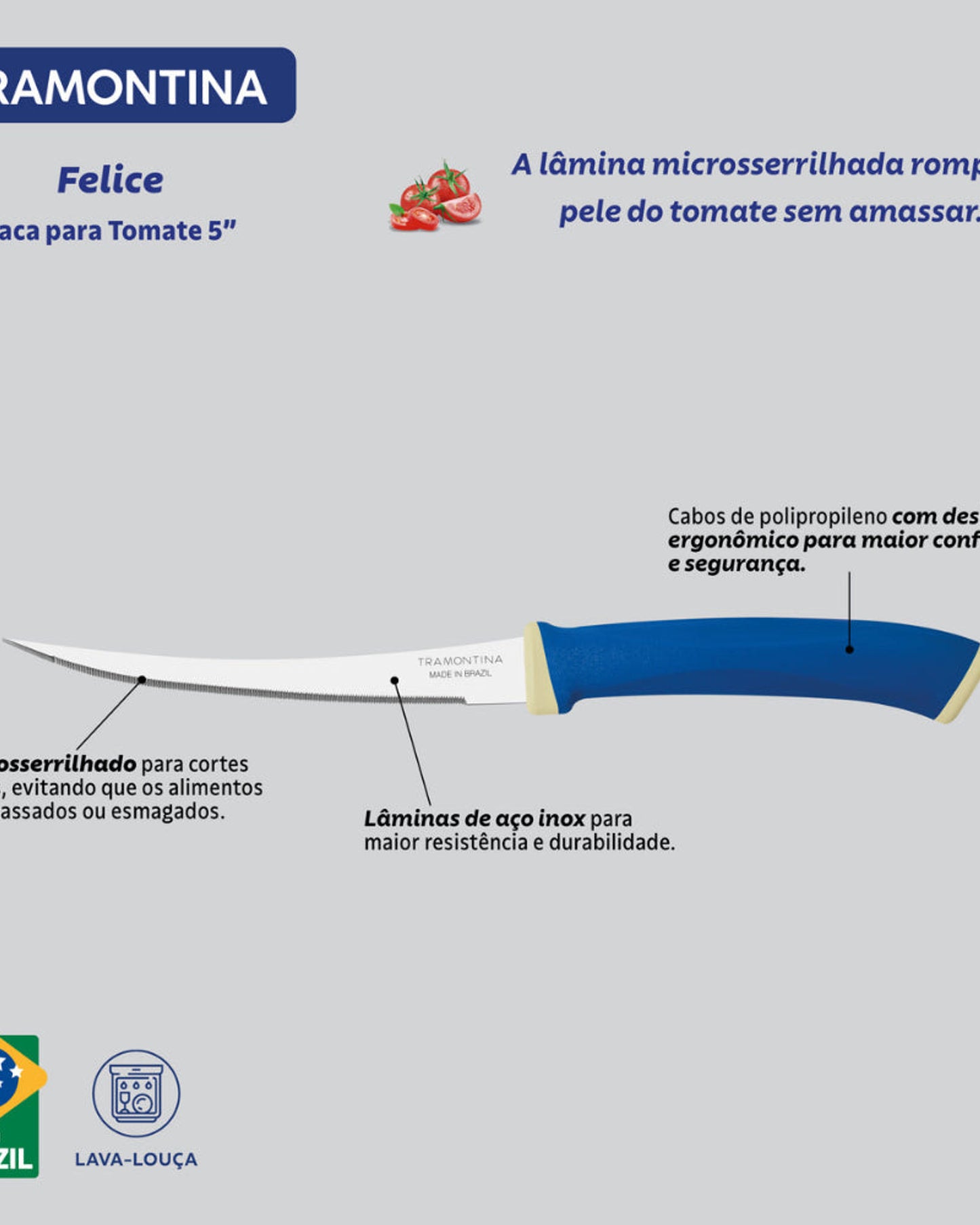 طقم سكاكين الطماطم ترامونتينا فيليس المكون من قطعتين بشفرات من الفولاذ المقاوم للصدأ ومقابض من البولي بروبيلين الأزرق