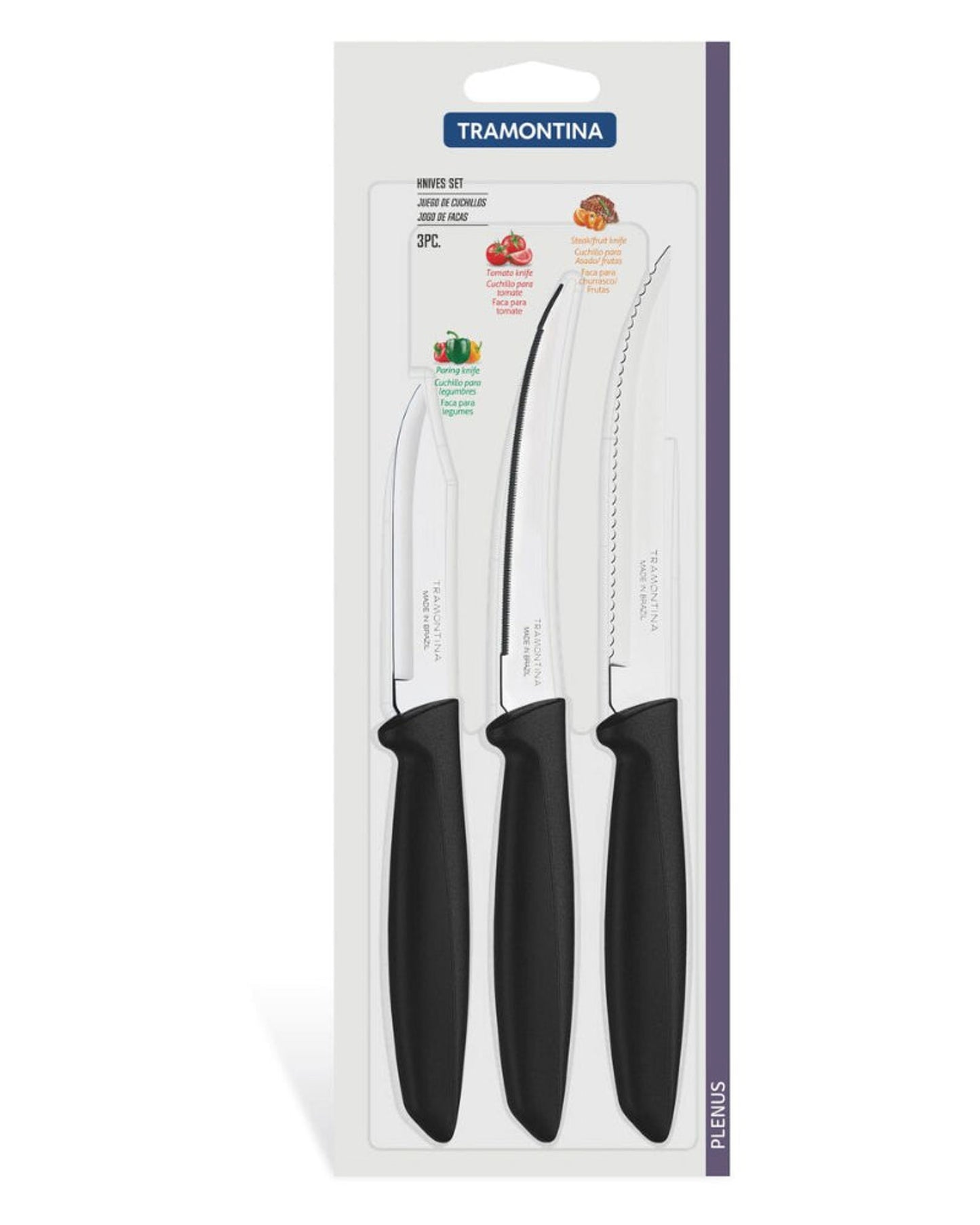 Tramontina Plenus 3-Piece Knife Set with Stainless-Steel Blades and Black Polypropylene Handles