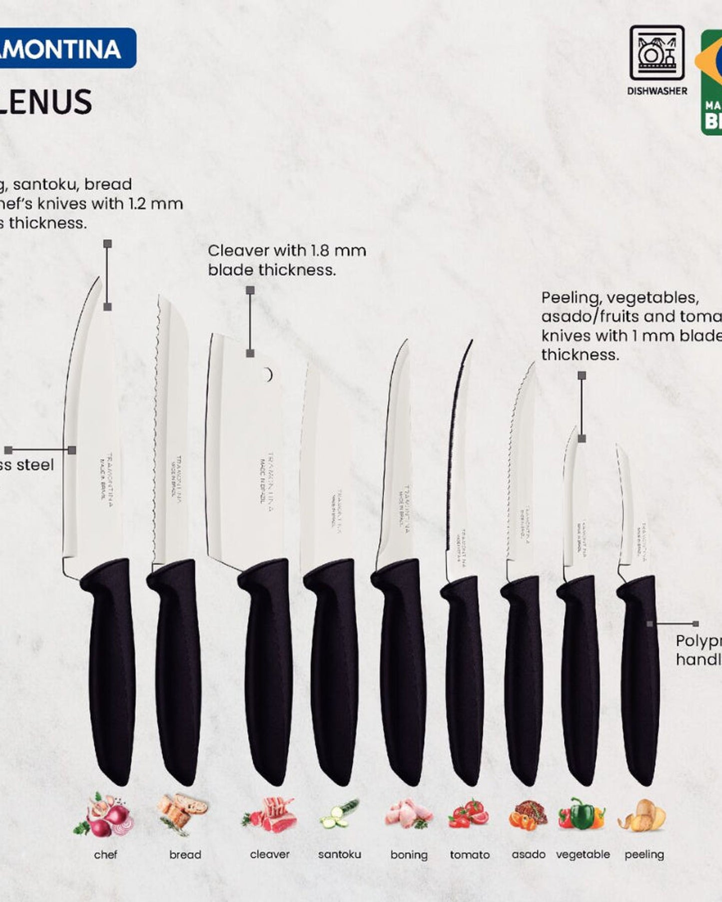 Tramontina Plenus 9-Piece Knife Set with Stainless Steel Blades and Black Polypropylene Handles