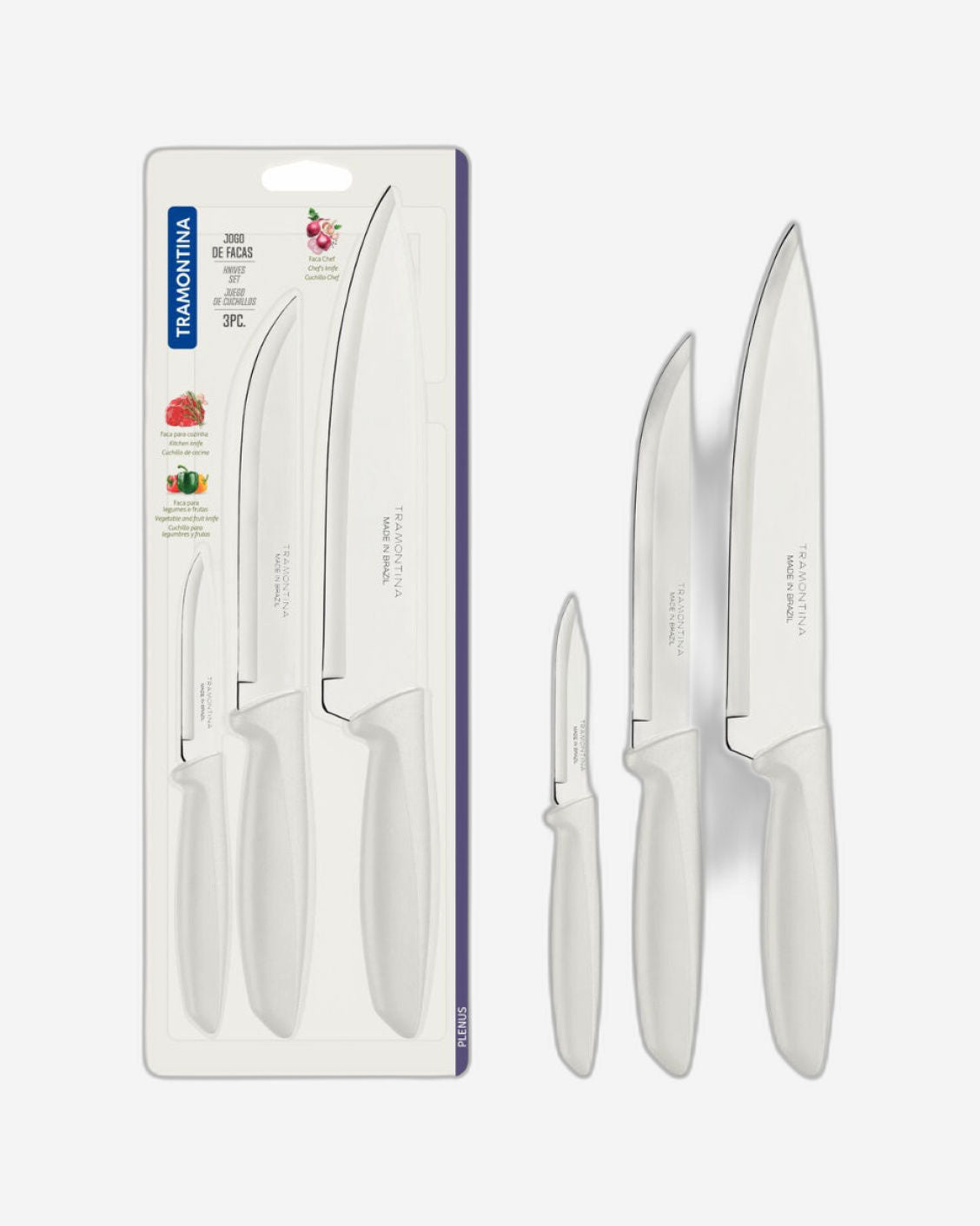 Tramontina Plenus 3-Piece Knife Set with Stainless-Steel Blade and White Polypropylene Handles