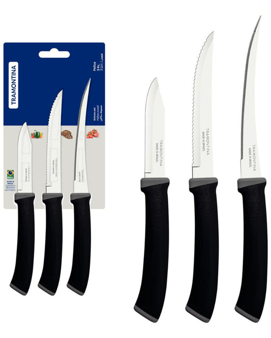 Tramontina Felice 3-Piece Knife Set with Stainless-Steel Blades and Black Polypropylene Handles