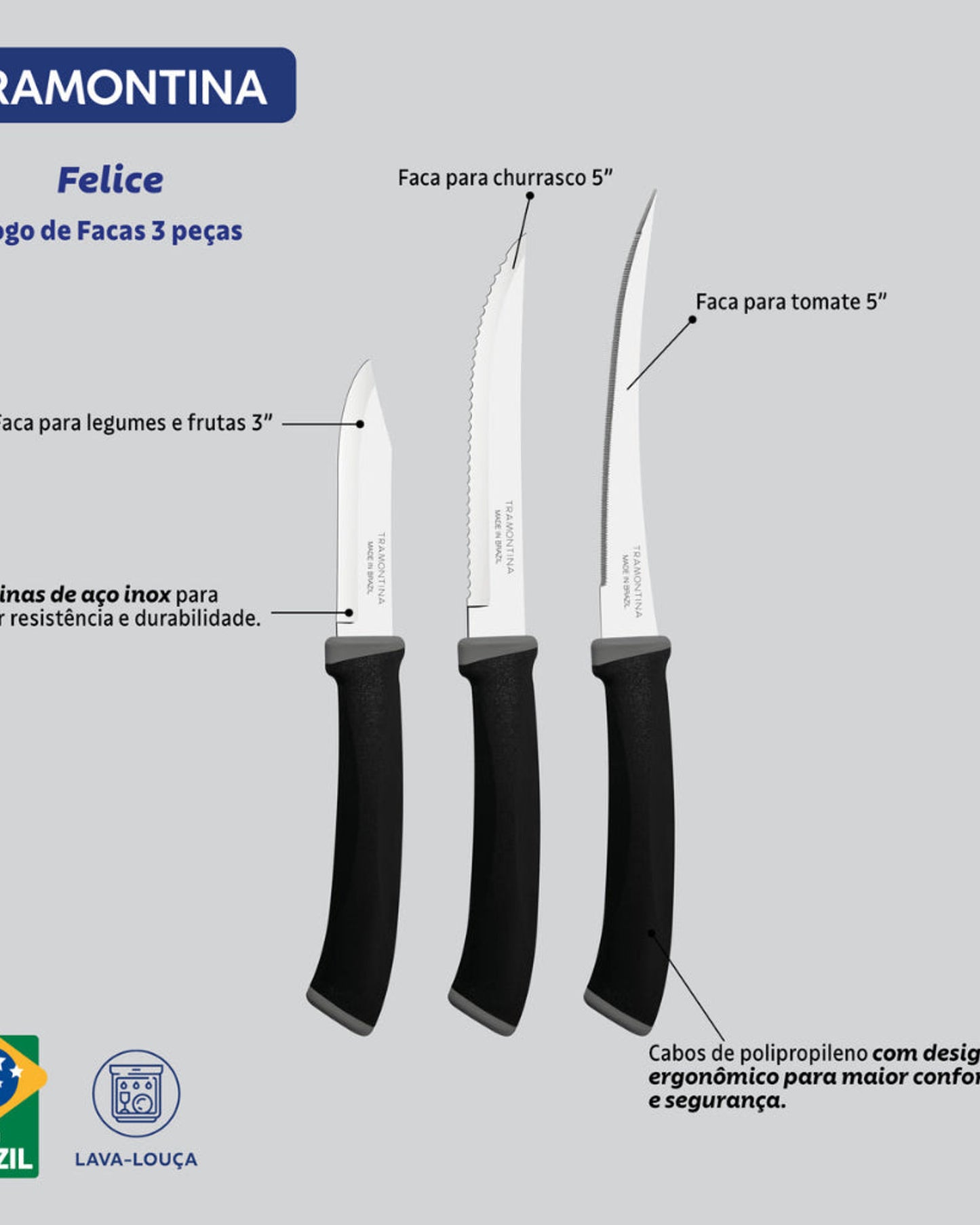 Tramontina Felice 3-Piece Knife Set with Stainless-Steel Blades and Black Polypropylene Handles