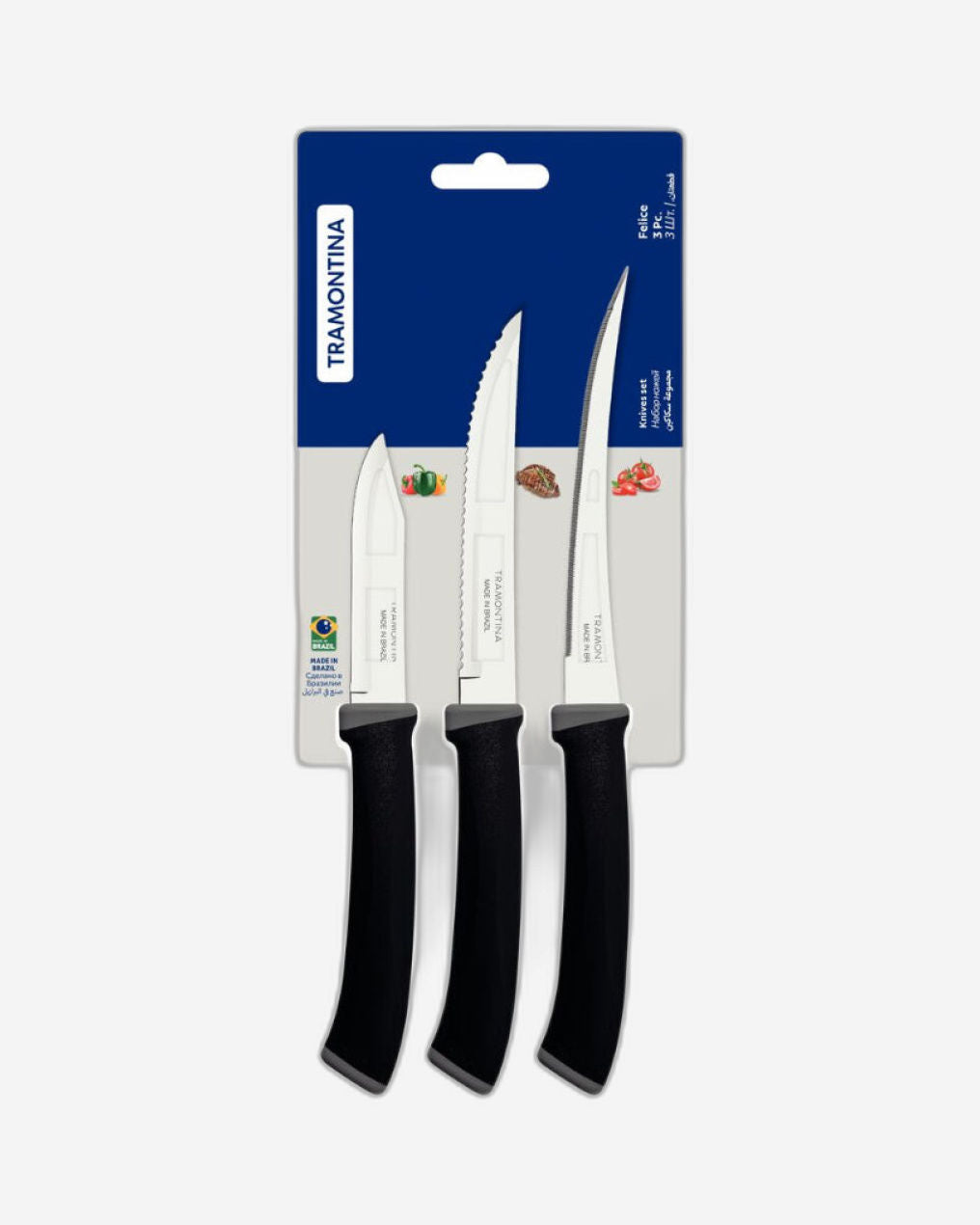 Tramontina Felice 3-Piece Knife Set with Stainless-Steel Blades and Black Polypropylene Handles