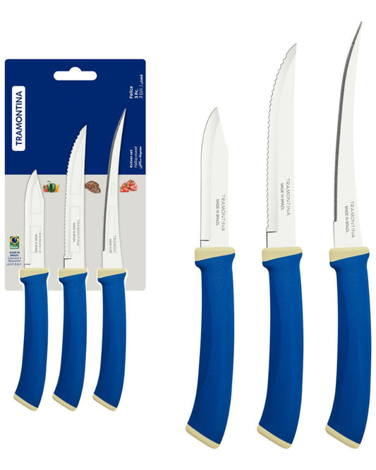 Tramontina Felice 3-Piece Knife Set with Stainless-Steel Blades and Blue Polypropylene Handles