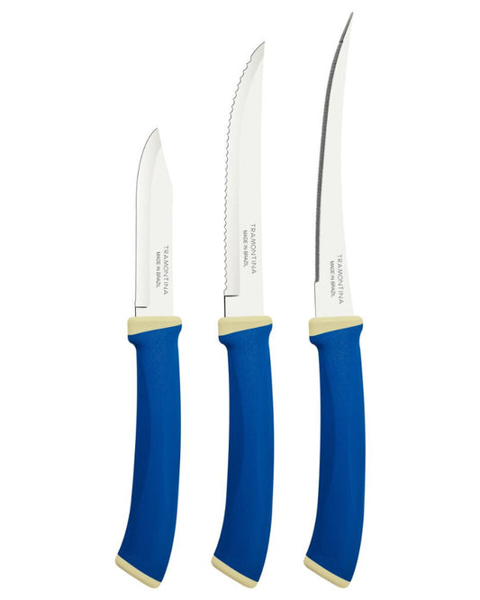 Tramontina Felice 3-Piece Knife Set with Stainless-Steel Blades and Blue Polypropylene Handles
