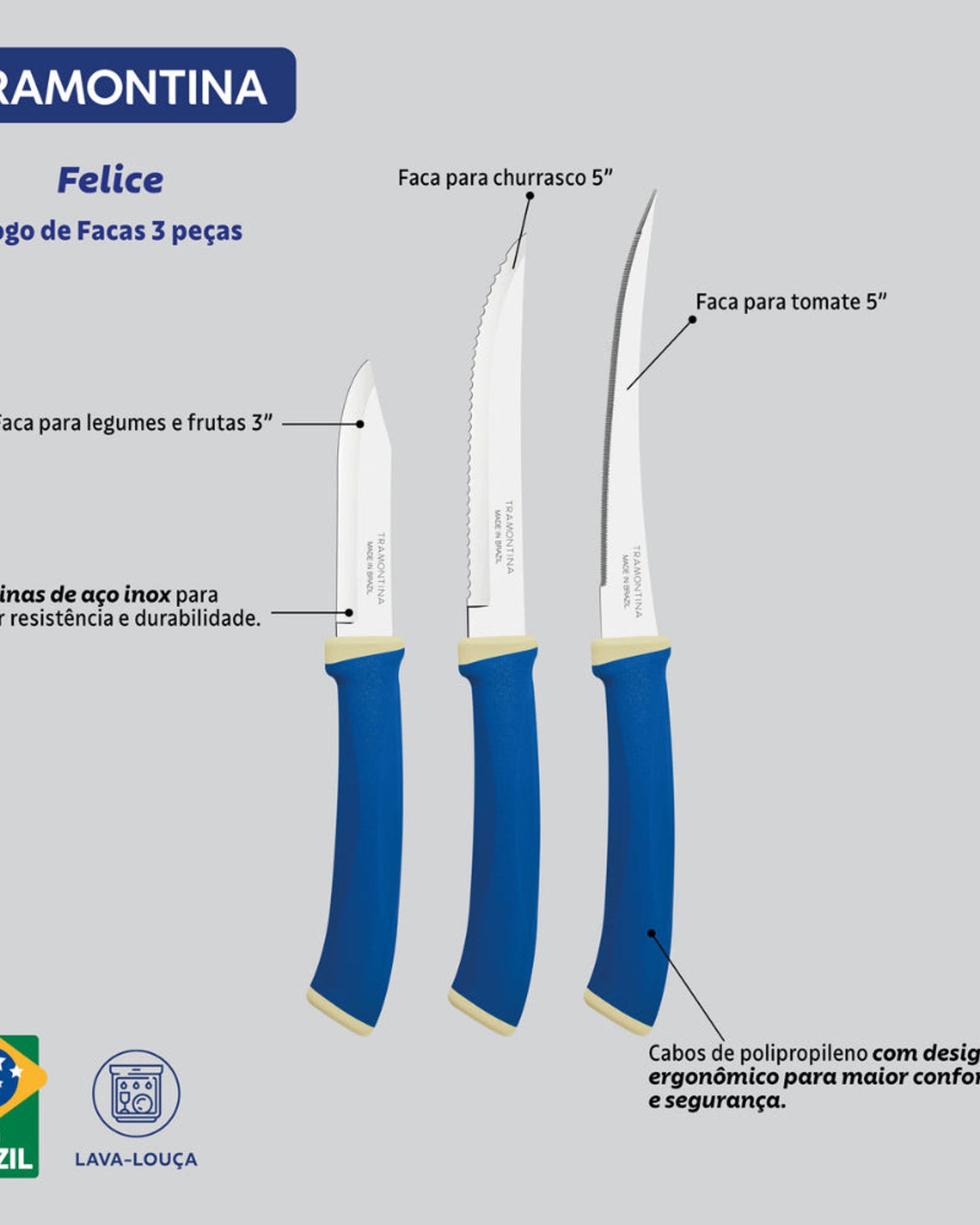 Tramontina Felice Knife Set 3Pc Blue