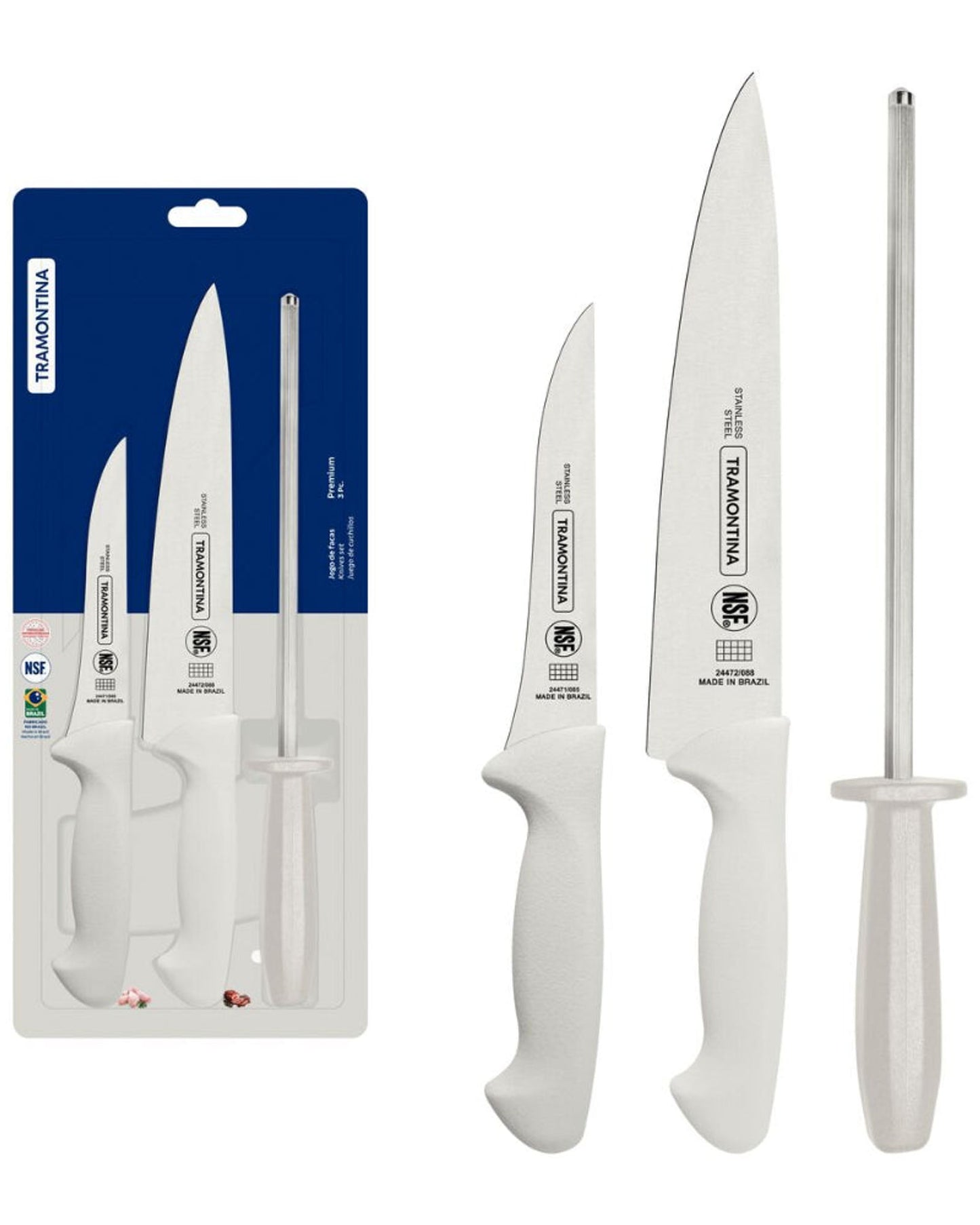 Tramontina Premium Stainless Steel Knife Set with White Polypropylene Handles and Honing Rod 3 Piece