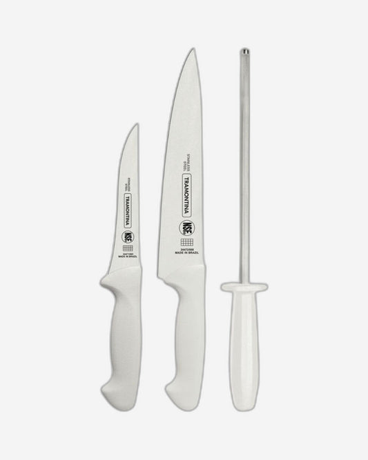 Tramontina Premium Stainless Steel Knife Set with White Polypropylene Handles and Honing Rod 3 Piece