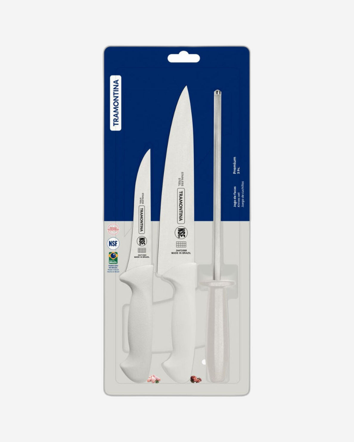 Tramontina Premium Stainless Steel Knife Set with White Polypropylene Handles and Honing Rod 3 Piece