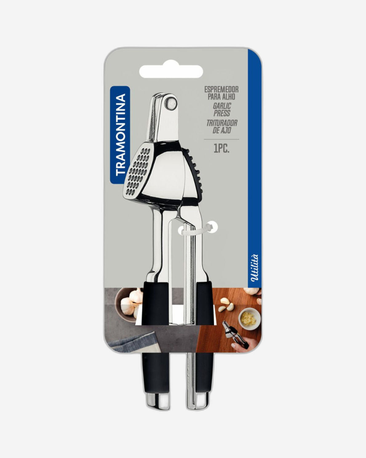 Tramontina Utilitá Chrome-Plated Zamak Garlic Press with Black ABS Handle