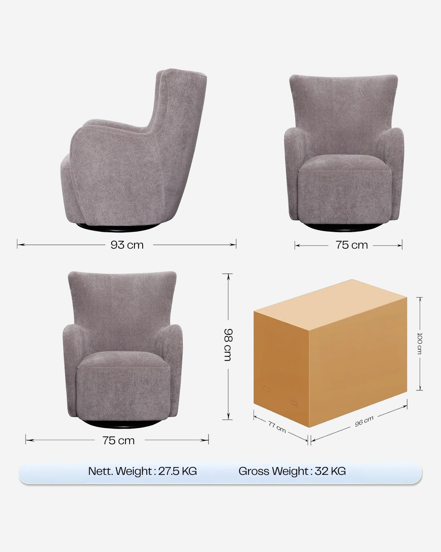 Rotai George Swivel Glider Chair Pewter
