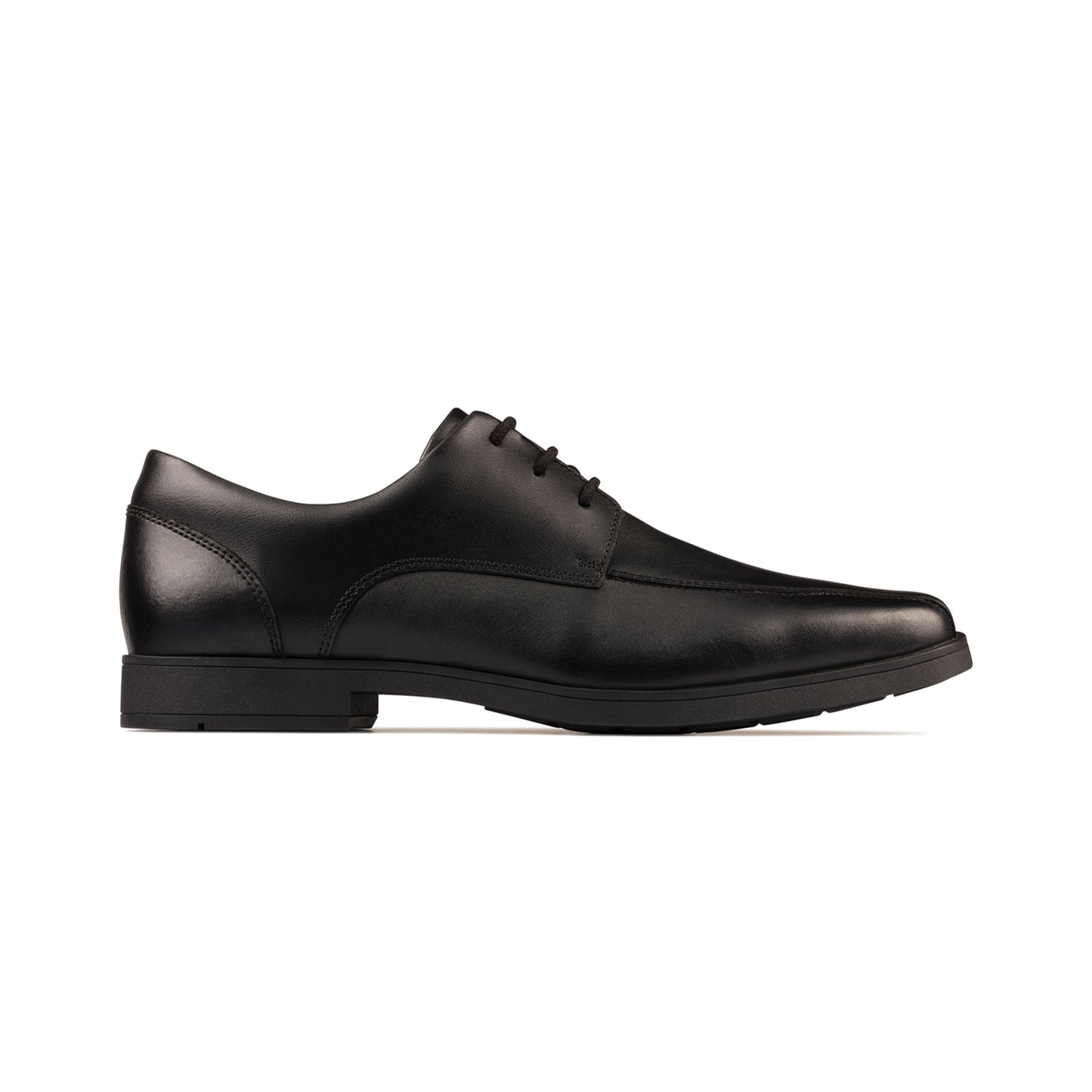 Offering a smart, contemporary look, this lace-up school shoe in durable black leather features an elongated square toe shape with over the toe stitching. Subtle padding in the collar feels comfortable while flex grooves in the sturdy rubber sole make for enhanced movement of the foot. Agion technology helps feet stay fresh. Available in whole and half sizes and different widths. <a href="https://www.jashanmalhome.com/pages/clarks-size-guide">Size Guide</a>