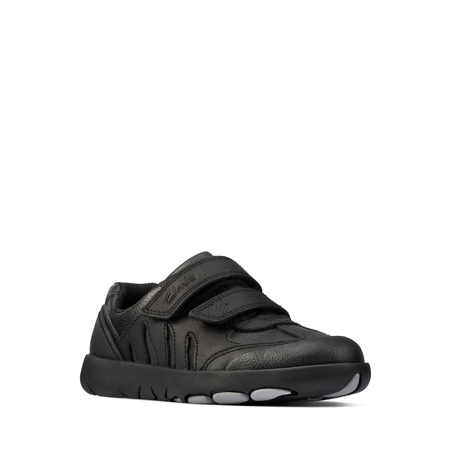 With rubber spikes up the heel and roarsome dino footprint motif on the flexi, lightweight sole, Rex Stride in black leather is play-tough sneaker. Encouraging natural movement, it pads and protects  with sketch mesh linings, while antimicrobial Agion keeps feet fresh.  <a href="https://www.jashanmalhome.com/pages/clarks-size-guide">Size Guide</a>