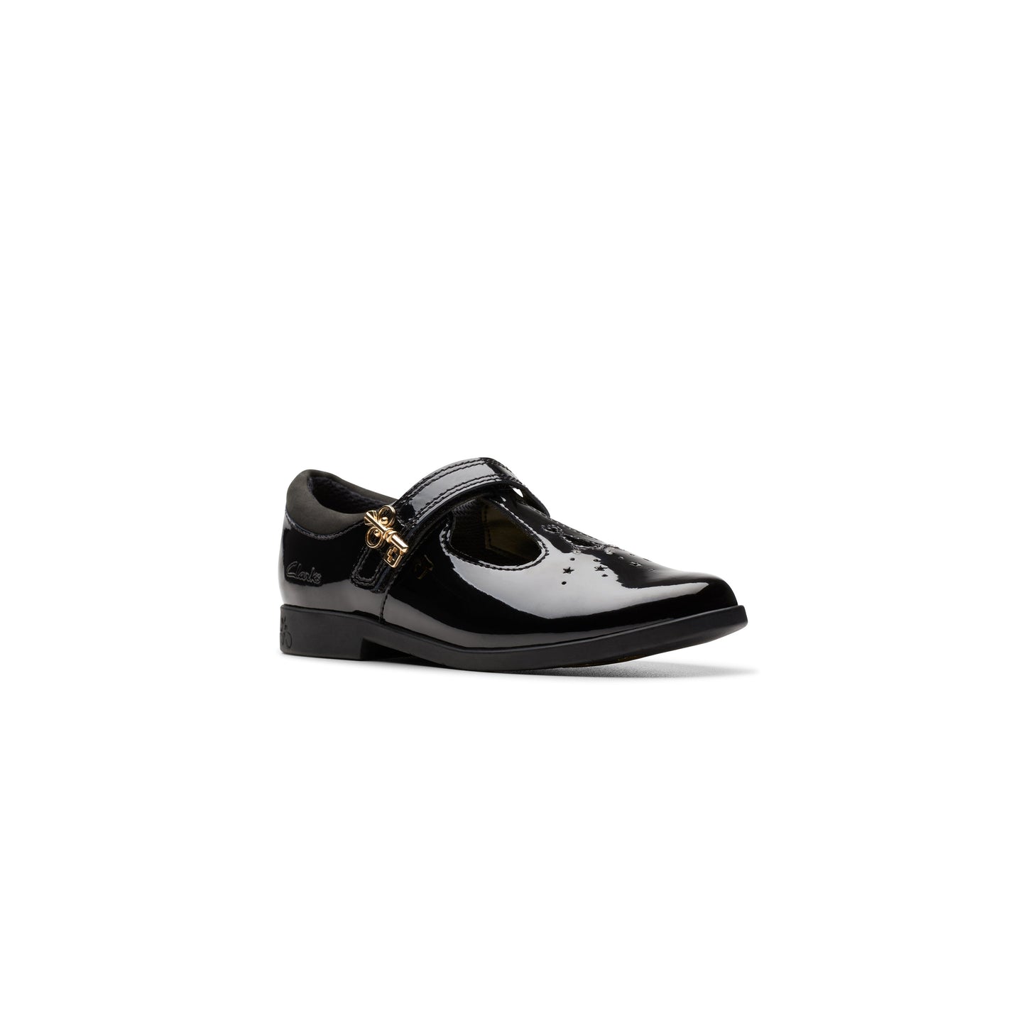 Clarks Girls Lock Shine Kid. Black Patent (Wide Fit)