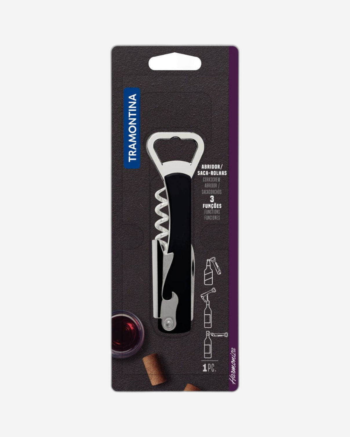 Tramontina Harmoniza Opener with Corkscrew and Pocket Knife with Stainless Steel Blades and Black ABS Body