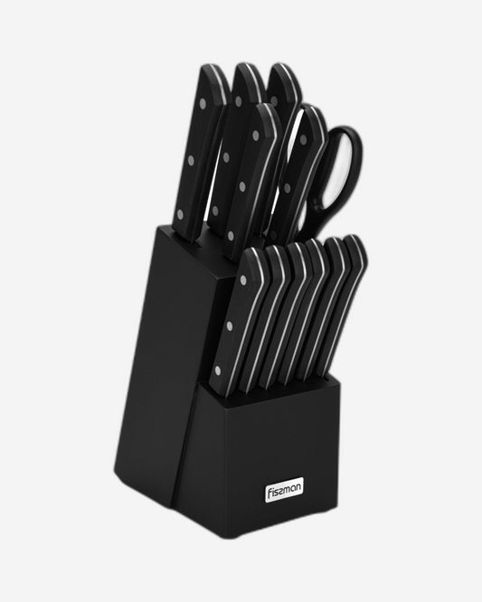 Fissman 13 Piece Knife Set Yasumoto with Wooden Block Chef Knife 20cm, Slicing Knife 20cm,Bread Knife 20cm,Utility Knife 13cm,Pairing Knife 9cm, Steak Knife,MultiFunctional Scissor 20cm