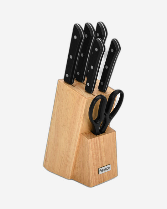 Fissman 7 Piece Knife Set Kanematsu with Wooden Block X30Cr13 Steel, Chef Knife 20cm, Slicing Knife 20cm,Bread Knife 20cm,Utility Knife 13cm,Pairing Knife 9cm,MultiFunctional Scissor 20cm
