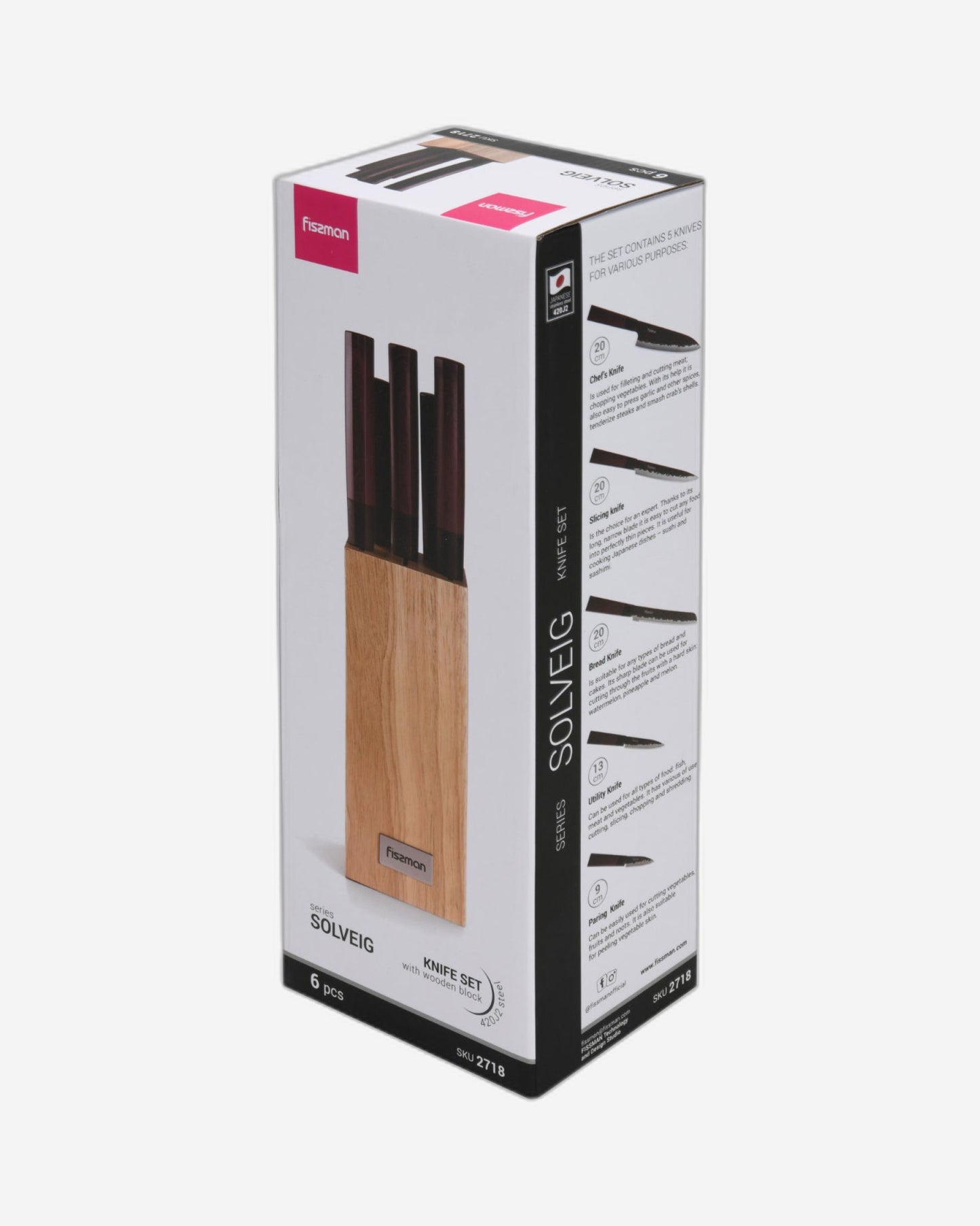 Fissman 6 Piece Knife Set Solveig with Wooden Block 420J2 Steel, Chef Knife 20cm, Slicing Knife 20cm, Bread Knife 20cm, Utility Knife 13cm, Pairing Knife 9cm