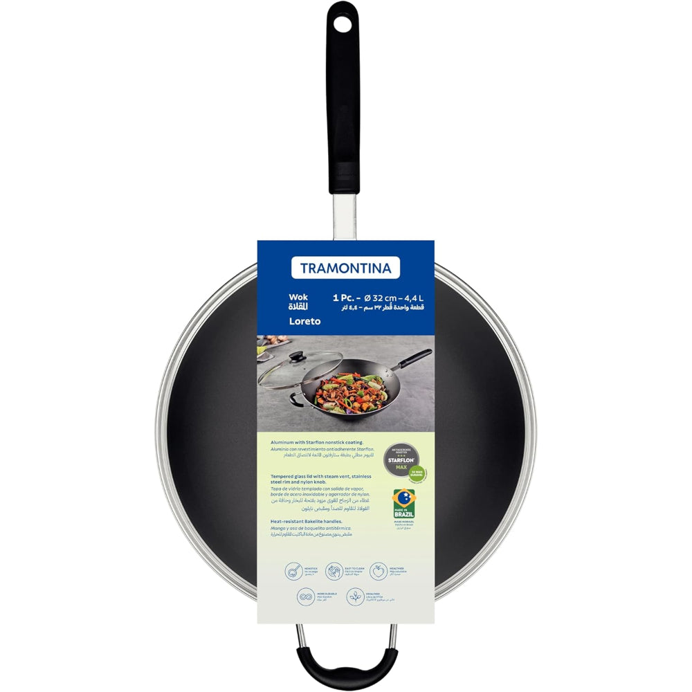 Tramontina Brazil  Loreto 32cm 4.4L Graphite Aluminum Wok Pan with Interior Starflon Max Nonstick Coating